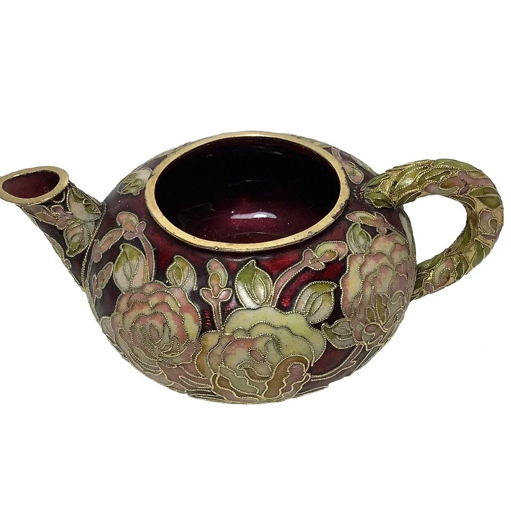 Vtg Floral Cloisonne Teapot Music‎ Box Works Moon River Limited Edition No Lid